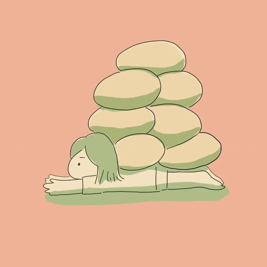 Eine Frau liegt unter einem symbolischen Berg von Steinen: TCM Ernährungsberatung und Ernährungstherapie bei Müdigkeit & Erschöpfung.