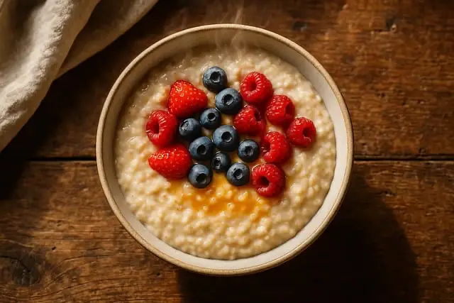 Eine Schüssel Getreidebrei mit frischen Beeren: Hirsebrei zum Frühstück zur Stützung der "Mitte" für einen kraftvollen Start in den Tag. TCM Ernährungsberatung, TCM Ernährungstherapie, TCM Rezepte.