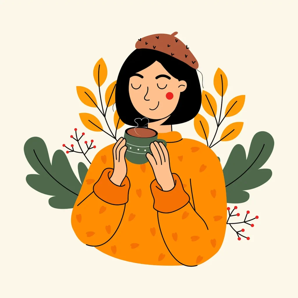 Illustration einer Frau in herbstlicher Kleidung und Umgebung mit einer dampfenden Tasse in der Hand: Lebenspflege im Herbst.